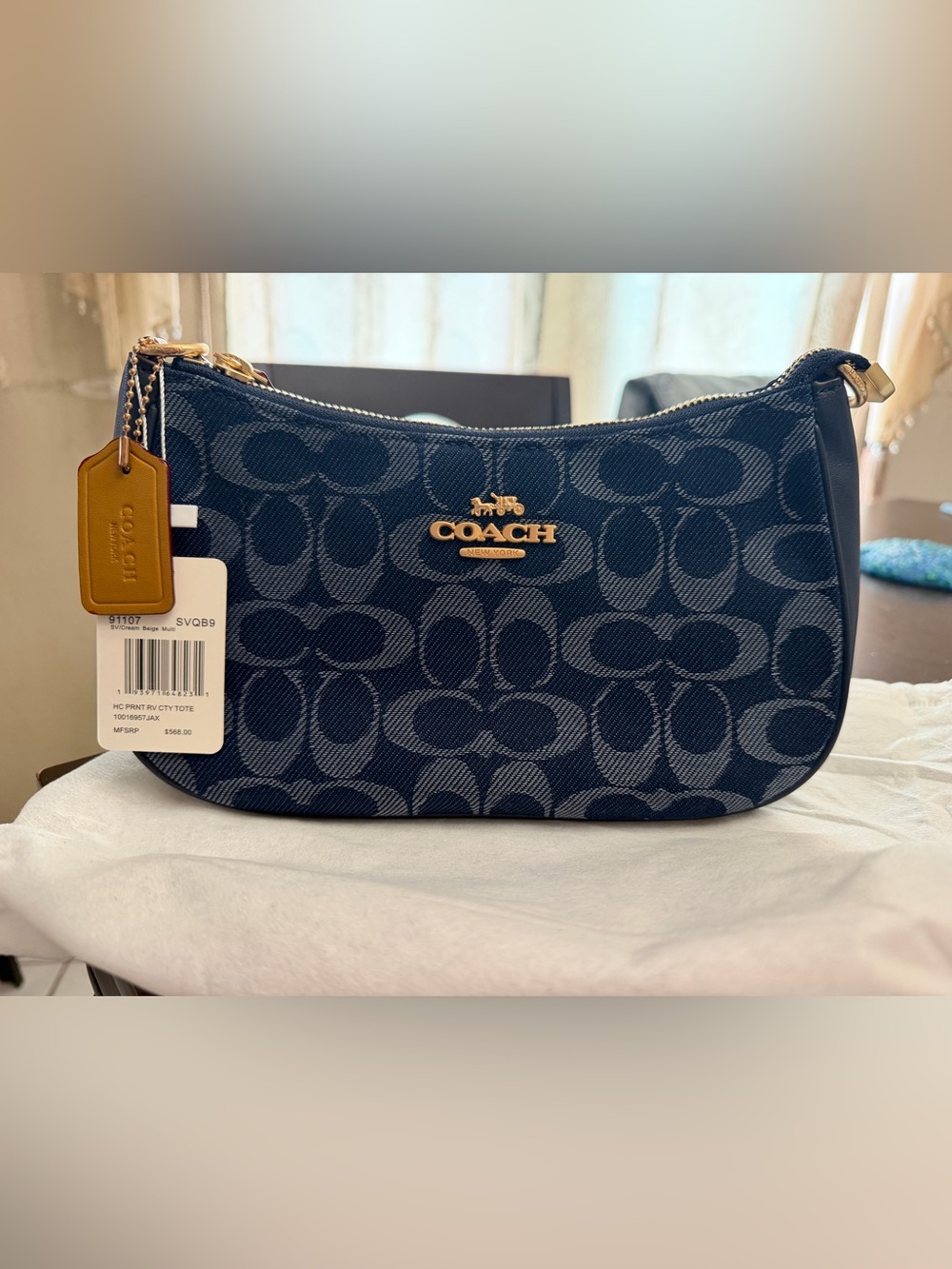 Coach Navy Signature Canvas Wristlet with Gold Hardware
